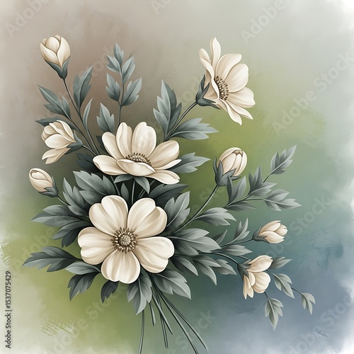 Stylized floral painting with creamy flowers and muted green foliage, exuding vintage charm and seasonal elegance