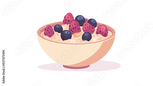 A digital illustration of a creamy-colored bowl filled with oatmeal topped with fresh raspberries and blueberries. The bowl is slightly shadowed, suggesting a soft light source. 