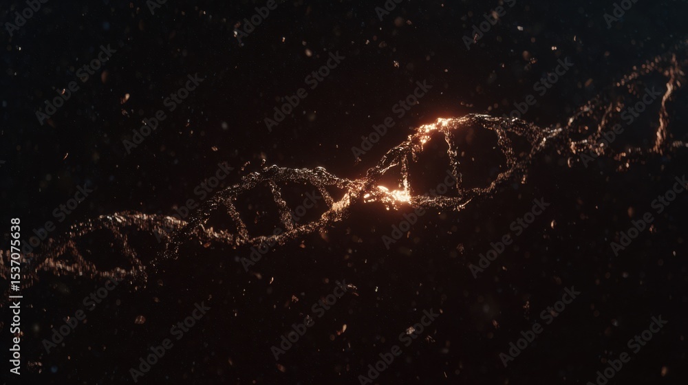 Fototapeta premium Glowing golden DNA double-helix structure with sparkling particles against a dark starry background, radiant light source creating warm glow and energy transformation, 