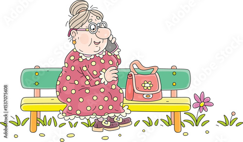 Funny granny in a spotted dress with her handbag sitting on a color bench in a summer park and friendly chatting on a phone, vector cartoon illustration isolated on white