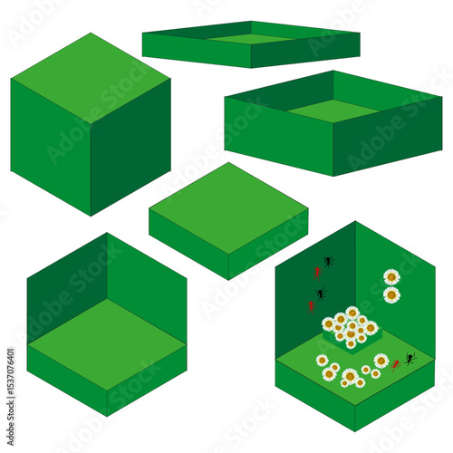 Box vector icon. Flower box symbol. Green cube design. Red ant detail. EPS 10.