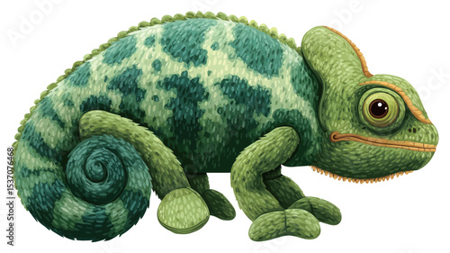 A detailed digital illustration of a green chameleon viewed from the side. The chameleon is predominantly green with darker teal markings and spots.  Its scales are clearly defined