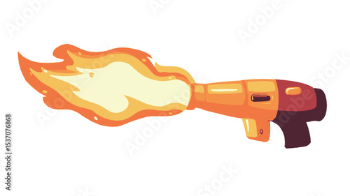 A cartoon illustration of a flamethrower emitting a large orange and yellow flame. The flamethrower is depicted in a simplified, stylized manner with orange and dark red/maroon sections.