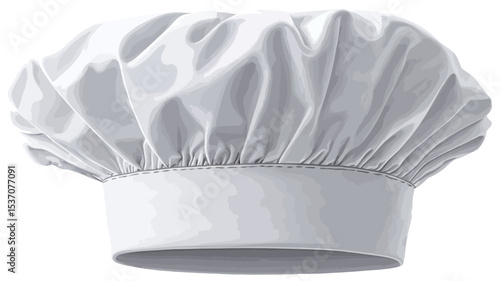 Close-up shot of a pristine white chef's hat, also known as a toque. The hat is predominantly white, exhibiting a smooth, uniformly textured fabric. It is round and voluminous