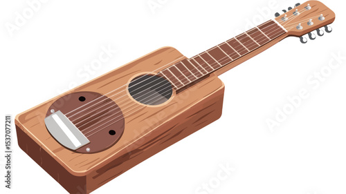 A digital illustration of a small, light brown wooden travel guitar. The guitar is depicted in a three-quarter view, showcasing its compact design,  including a rectangular body