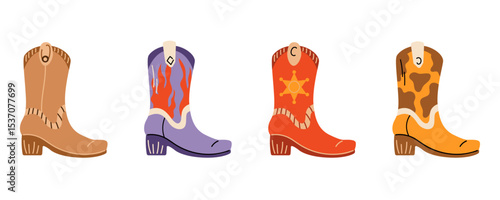 Wild West set. Collection of groovy cute funky hippie boho illustration elements of cowboy shoes. Western stickers