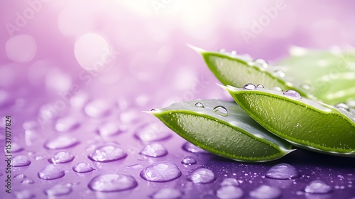 Fresh Aloe Vera Leaves with Water Drops on Purple Background