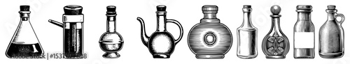 Vector Collection of vintage glass bottles and decanters in engraved style.