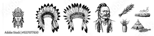 Vector Vintage engravings depict Native American cultural elements including headdresses a portrait and symbolic objects.