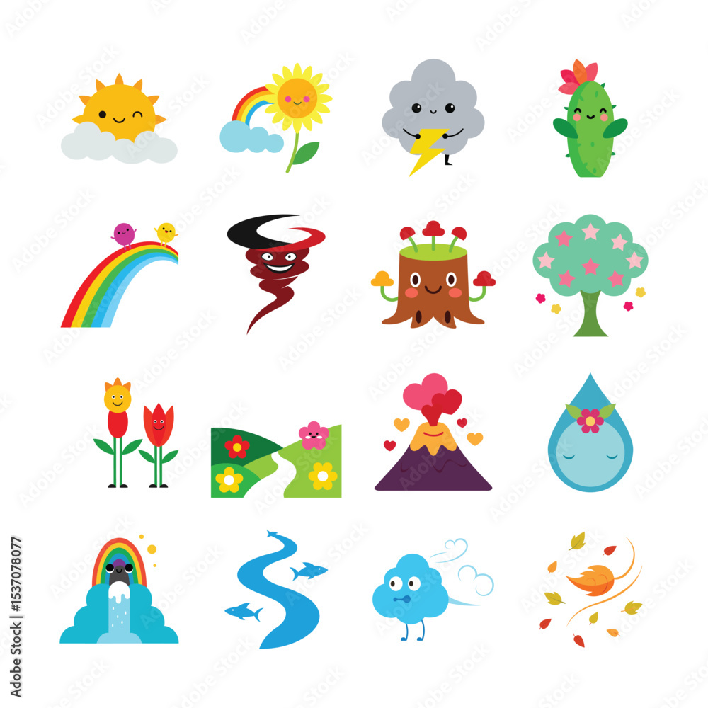 Fototapeta premium Cute Cartoon Weather and Nature Icons Depicting Various Natural Elements and Forces with Smiling Faces on a White Background