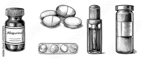 Vector Pharmaceutical medications including pills vials and an inhaler are depicted in a vintage engraving style.