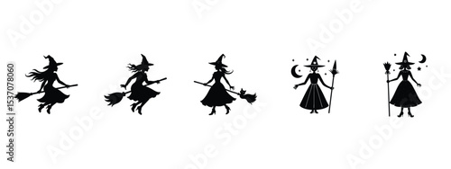 Dynamic Witch Silhouettes in Flight and Enchanting Stance  Classic Halloween and Magical Figures Collection