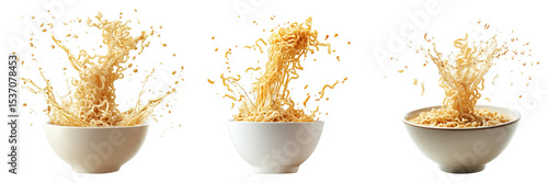 Delicious Ramen Noodles Bursting from Bowl with Liquid Splash and Motion Freeze on Transparent Background