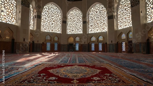 Grand mosque interior with ornate details, stained glass windows and a large prayer rug.