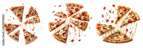 Pizza Slices Flying Apart with Melting Cheese Stretch on Transparent Background