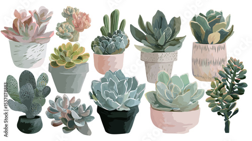 A digital illustration depicting a collection of various succulents in different pots. The succulents are illustrated in a painterly style with pastel colors and varying shades of green. 