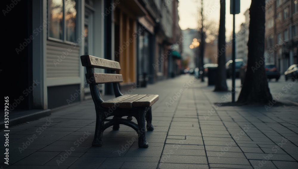 Fototapeta premium Empty bench on calm urban sidewalk in morning light