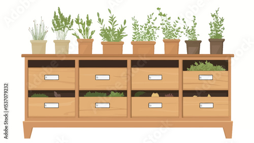 A digital illustration depicts a light-brown wooden cabinet with multiple drawers.  The top of the cabinet displays a row of potted herbs and small plants.  The drawers below contain additional