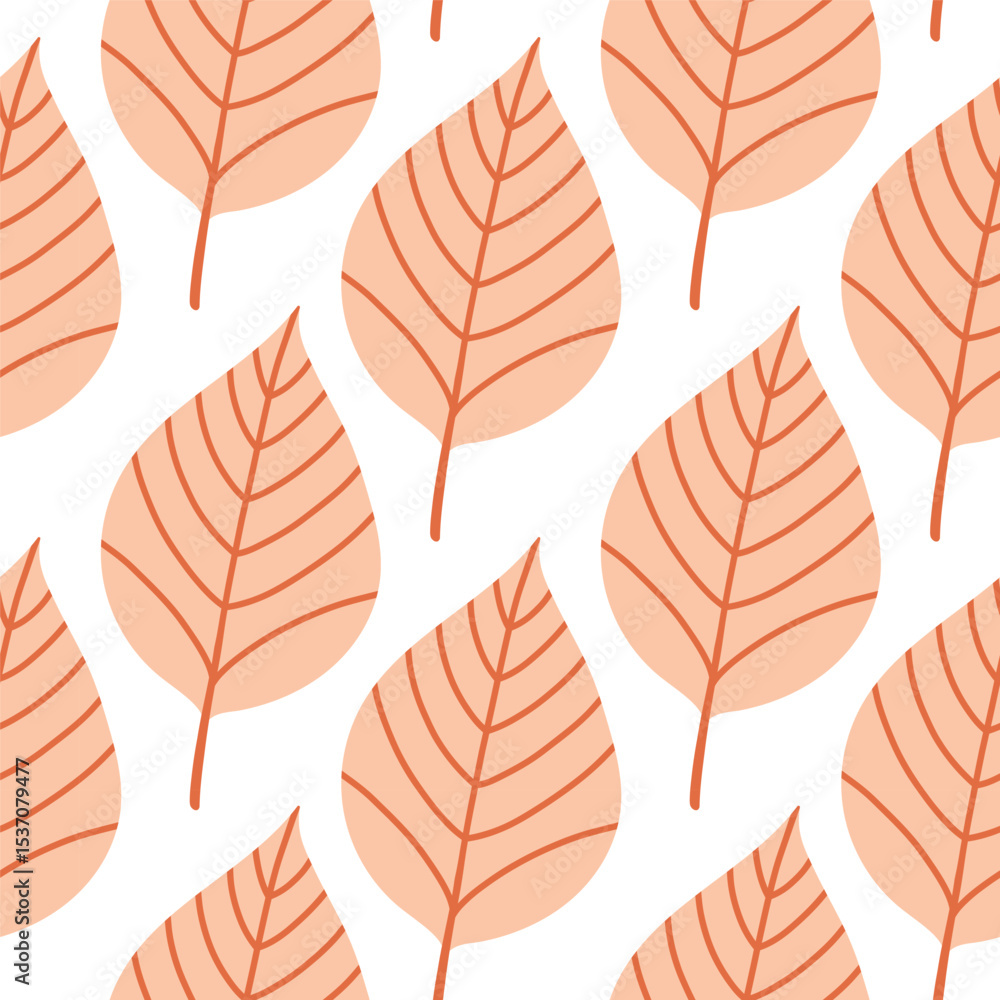 Obraz premium Simple abstract floral seamless pattern with colorful autumn leaves in pink. The leaves are arranged in rows on a white background, cozy fall vibe. Hand drawn botanical leaves.