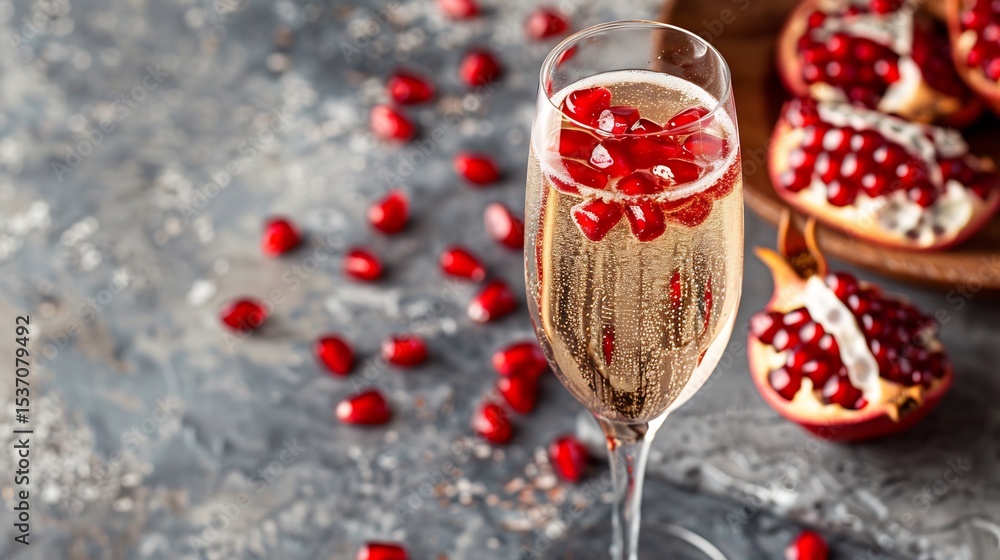Sparkling champagne flute with pomegranate seeds New Year celebration white marble overlay cut out on isolated transparent removed background Sparkling champagne flute with pomegranate seeds New Year celebration white marble overlay cut out on isolated transparent removed background