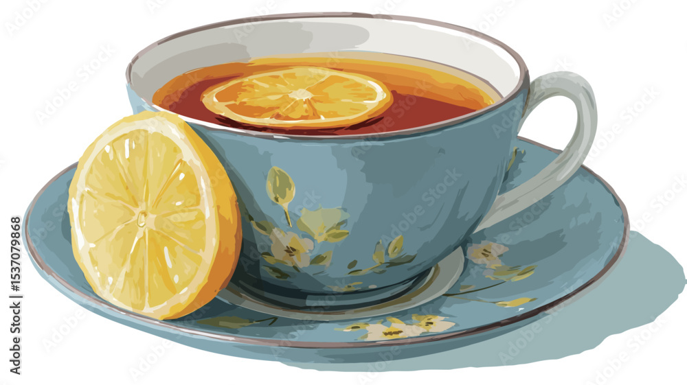 A digital illustration depicting a close-up view of a blue teacup and saucer. The teacup contains a light brown liquid, with a lemon slice floating on top. A second lemon slice rests on the saucer A digital illustration depicting a close-up view of a blue teacup and saucer. The teacup contains a light brown liquid, with a lemon slice floating on top. A second lemon slice rests on the saucer