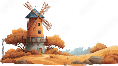 A digital illustration depicting a whimsical windmill situated in an autumnal landscape. The windmill is rendered in shades of orange and brown, with a grey stone base and a blue roof. 