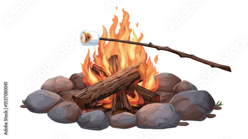 A digital illustration depicting a marshmallow on a stick being roasted over a campfire. The campfire is nestled within a ring of grey and brown rocks. The flames are bright orange and yellow