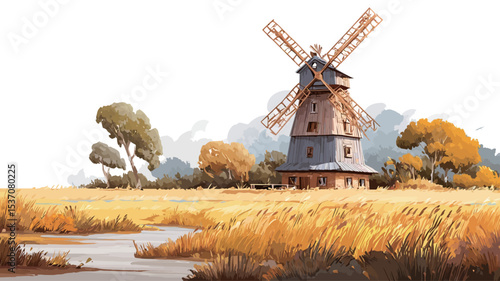 Digital painting or illustration depicting a rustic windmill situated in a field of golden wheat. A small stream or creek runs through the foreground.  The style is painterly, with visible