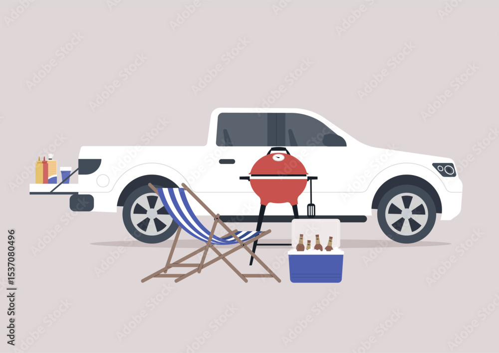 Naklejka premium A tailgate party is set up with a grill, beverages, and cool seating gear in an inviting outdoor space, perfect for friends to enjoy some leisure and delicious food