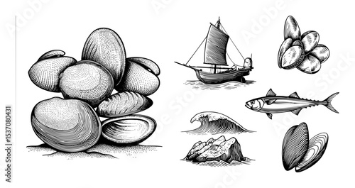 Vector Seascape featuring mussels a sailing ship and marine life.