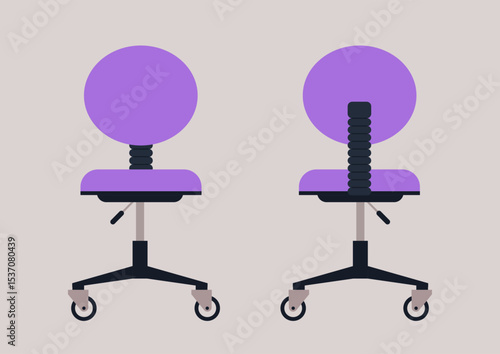 Stylish office chair with round back in a cheerful purple hue, seen from back and front, is ideal for adding functionality and flair to any modern office setting
