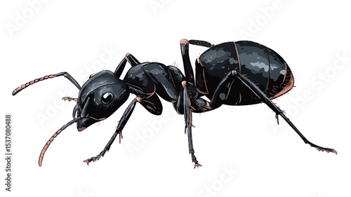 A detailed close-up photograph of a single black carpenter ant against a pure white background. The image showcases the ant's anatomy, including its antennae, legs, and body structure with