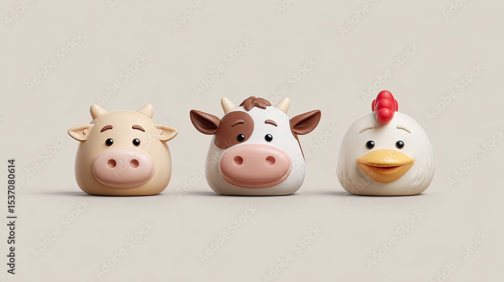 Obraz premium Three cute farm animal heads with happy expressions on beige
