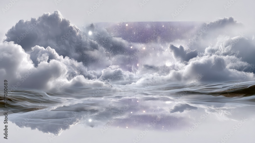 Obraz premium Celestial Reflections: Captivating a serene view of a mirrored sky above a misty lake, the celestial dance of clouds and stars creates a dreamy environment