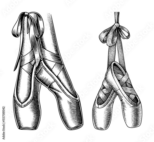 Vector Elegant pointe shoes are depicted in a vintage-style .