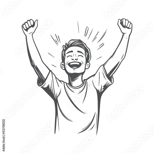 Young man rejoices in victory. Guy smiles widely with his hands up. Sportsman, fan, winner doodle sketch style. Abstract image of positive man, vector graphics