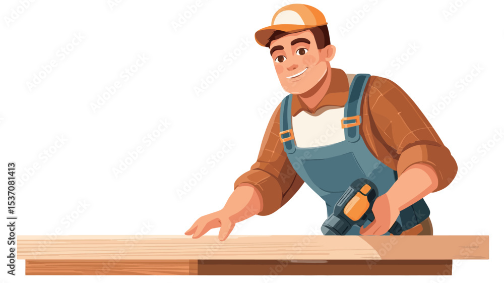 A digital illustration of a male carpenter wearing a brown shirt and blue overalls, and an orange cap, is shown from the waist up. He is holding an electric drill and appears to be working on a A digital illustration of a male carpenter wearing a brown shirt and blue overalls, and an orange cap, is shown from the waist up. He is holding an electric drill and appears to be working on a