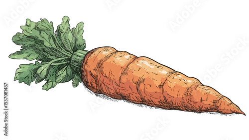 An illustration of a single, whole carrot with its green leafy top. The carrot is depicted in an orange hue with visible texture and slight imperfections, suggesting a natural look.