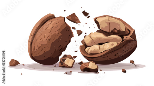 A digitally created illustration depicts a walnut breaking apart. The walnut is depicted in high detail, showing the texture of the shell and the inner nut meat.  Fragments of the shell are