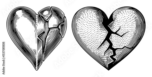 Vector Two fractured hearts illustrate emotional distress and separation.