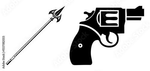 Vector Medieval Halberd and Modern Revolver