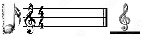 Vector Musical notation elements including a treble clef time signature staff lines and vinyl record .