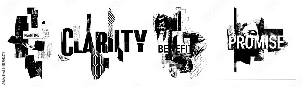 Vector Bold typographic designs featuring words Clarity Promise Meantime and Benefit. Vector Bold typographic designs featuring words Clarity Promise Meantime and Benefit.
