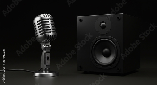 vintage microphone with classic design featured on the left, featuring a silver metal grille and mounted on a sturdy stand