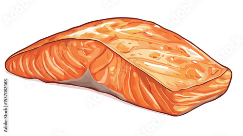A digital illustration depicting a cooked salmon fillet. The fillet is presented from a slightly elevated angle against a stark white background. The salmon is depicted with a rich orange hue,