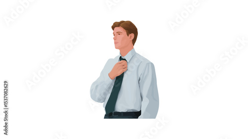 A digital illustration depicting a close-up, half-length portrait of a young, light-skinned, redhead businessman. He is wearing a light blue, long-sleeved dress shirt and a dark-colored necktie.