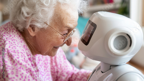 A humanoid care robot assists an elderly patient in a minimalist home care environment, featuring safety mechanisms and empathetic AI, emphasizing emotional resonance and ultra-realism.