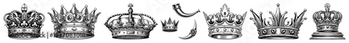 Vector Collection of ornate vintage crowns and ceremonial horns.