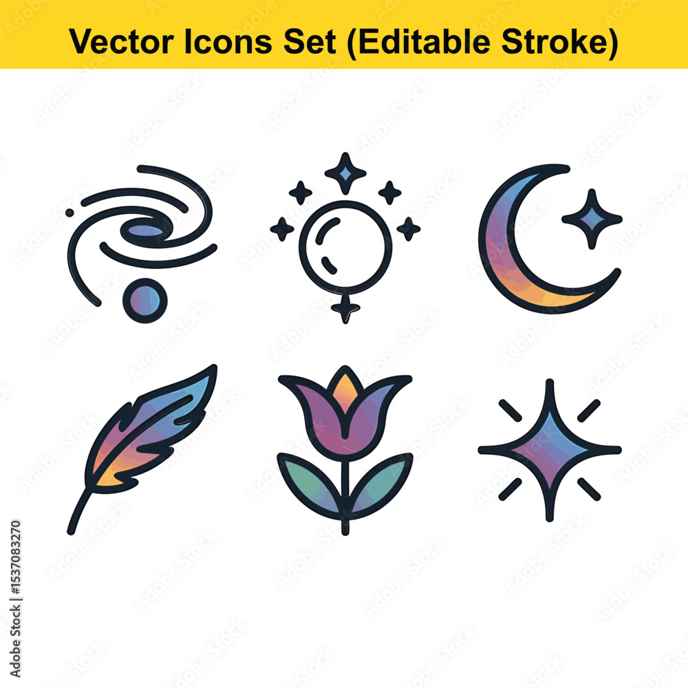Cosmic and Mystical Gradient Vector Icon Set - Editable Stroke