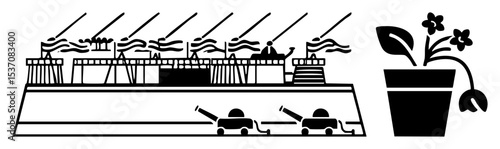 Vector Industrial complex with train and wilting flower in pot .